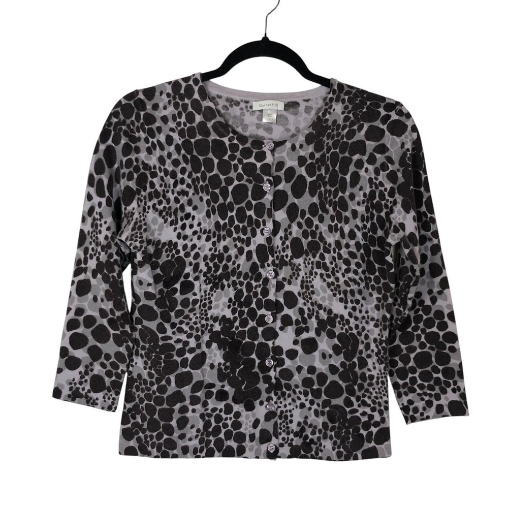 Garnet Hill Womens Eco Merino Wool Snow Leopard Print Cardigan Brown Grey S